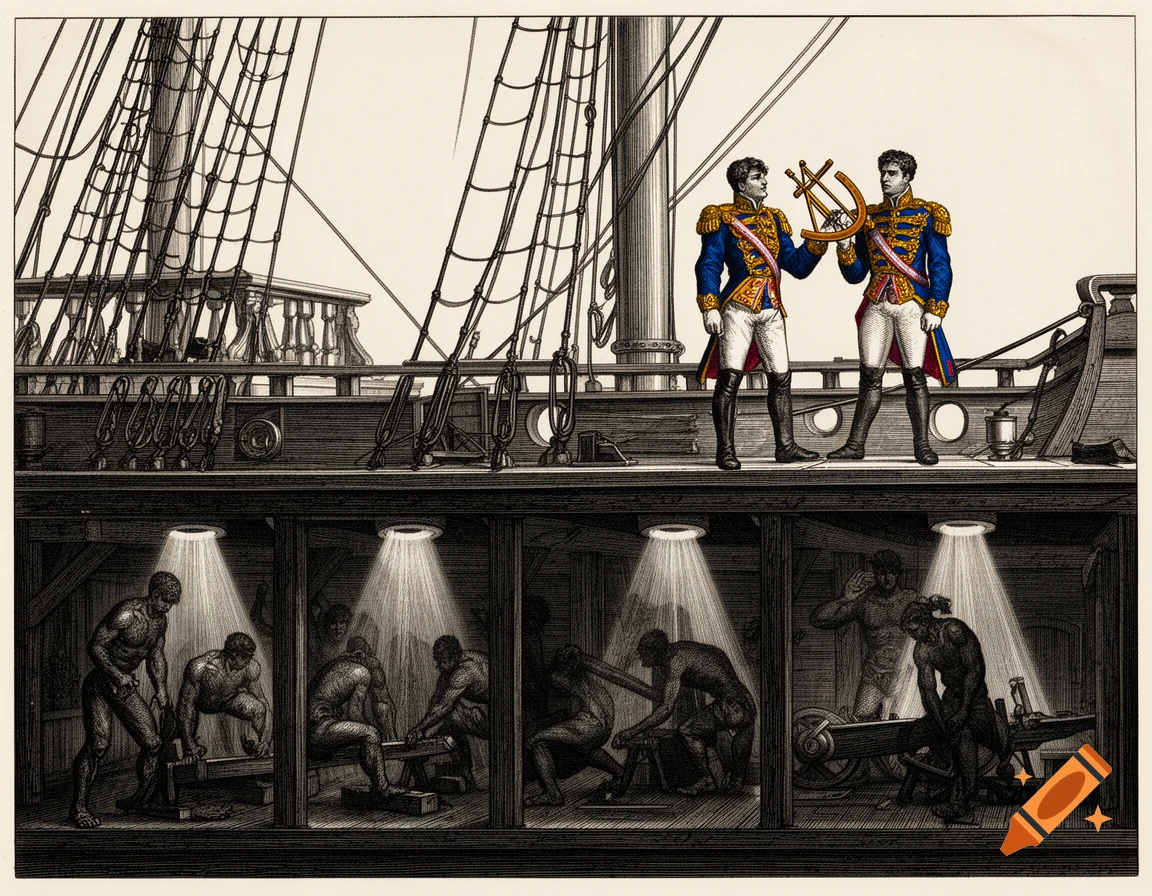 Victorian woodcut of a sailing ship section, showing officers on deck and topless sailors performing manual labor below.