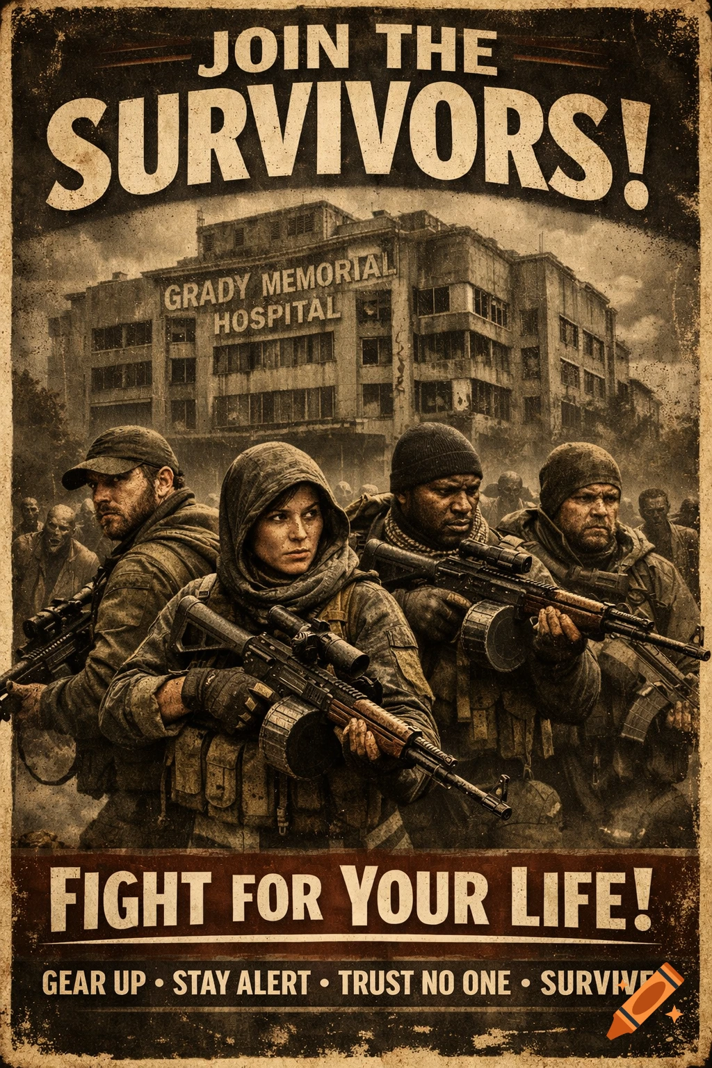 An old-style post-apocalyptic propaganda poster featuring armed survivors in front of "Grady Memorial Hospital" and distant zombies.