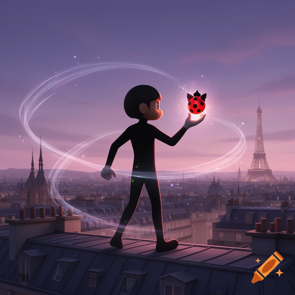 An animated character resembling Mr. Game & Watch stands on a Paris rooftop at sunset, holding a glowing ladybug object, with the Eiffel Tower in the background.