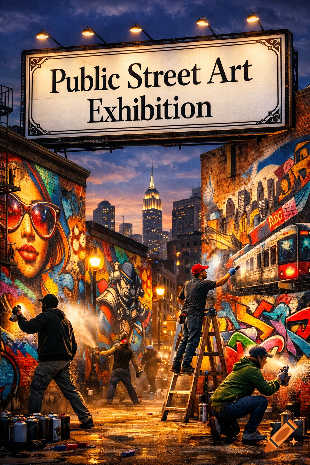 Graffiti artists paint vibrant murals on brick walls in a bustling urban alley at dusk, beneath a large 'Public Street Art Exhibition' sign.