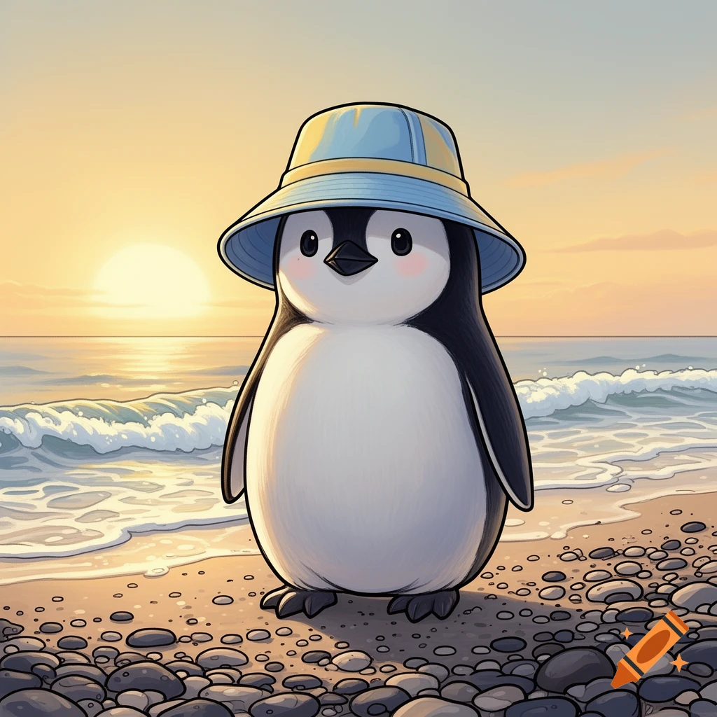 A cute cartoon penguin wearing a blue and yellow bucket hat stands on a rocky beach at sunset.