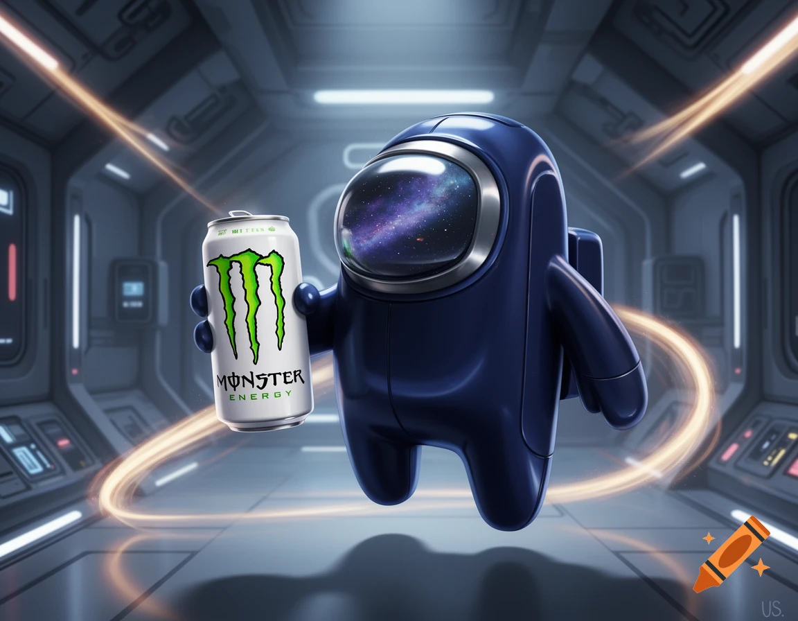 A dark blue Among Us character holds a white Monster Energy can in a futuristic spaceship hallway with glowing trails.