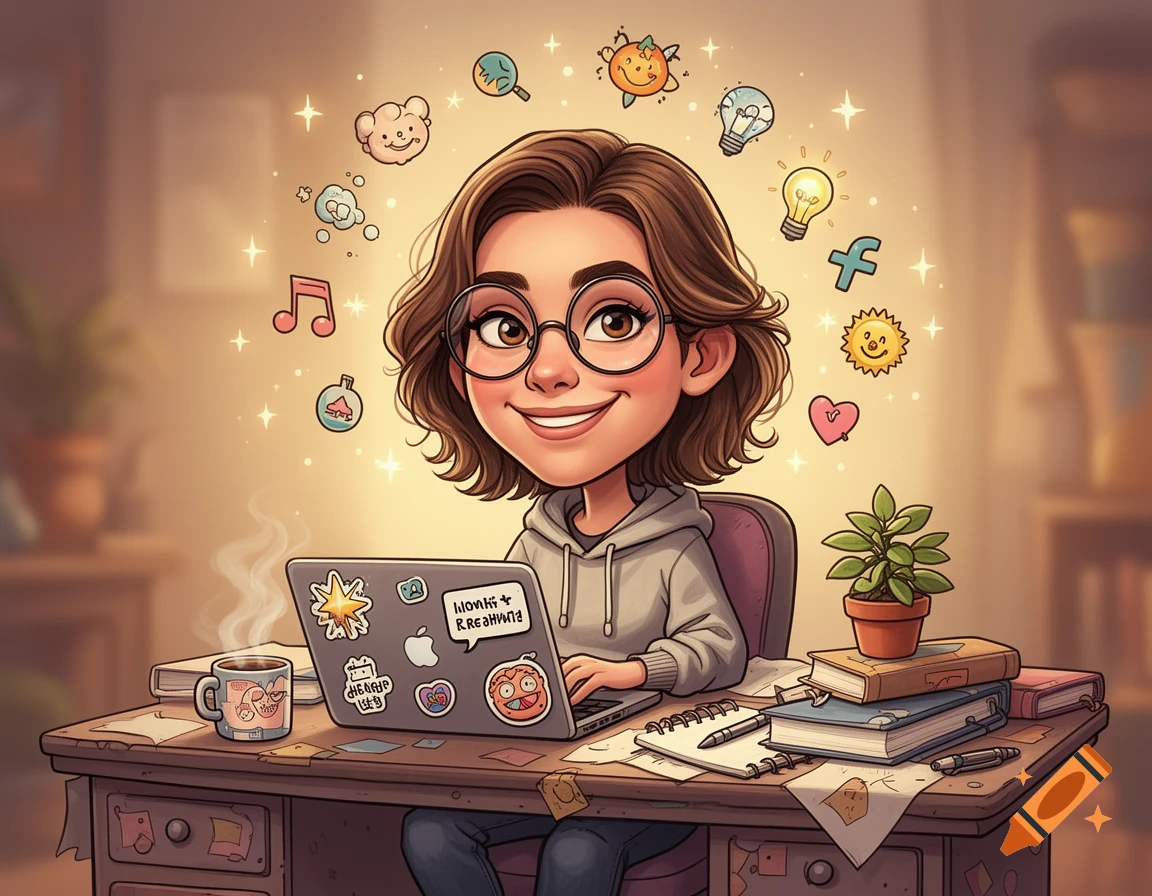 A whimsical digital cartoon of a smiling girl with glasses at a desk with a laptop, coffee, and floating creative icons.