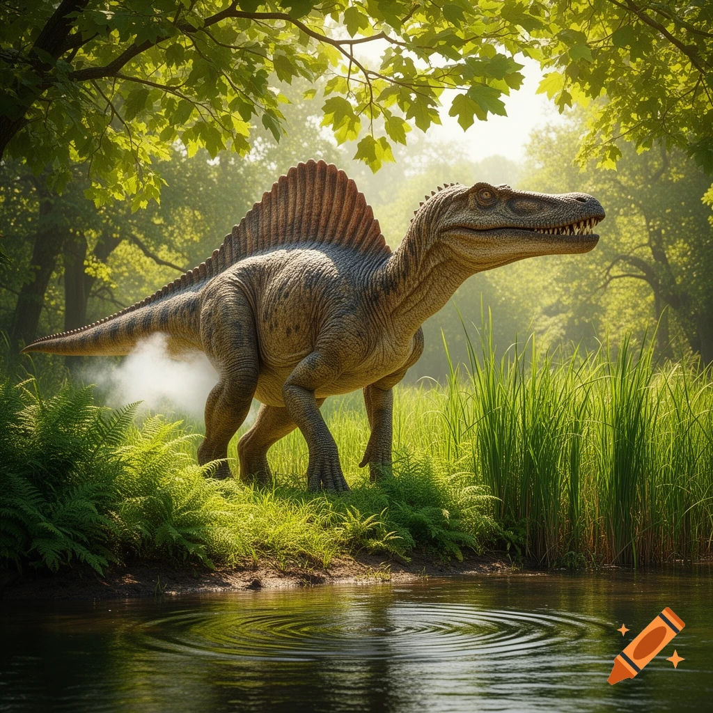 A photorealistic Spinosaurus stands by a forest stream, with a cloud of smoke behind it in a sunny, lush environment.