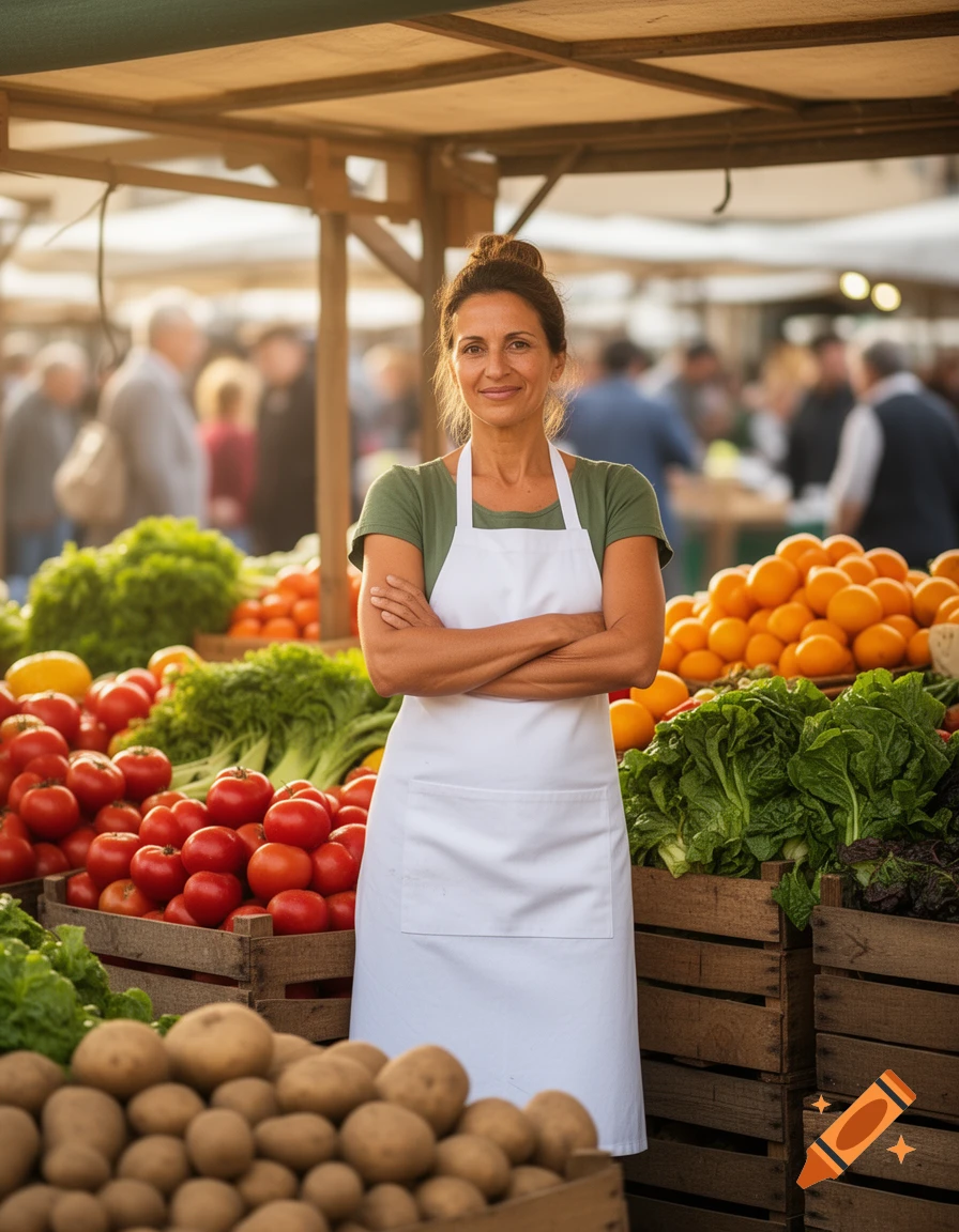 A proud woman in an apron stands with crossed arms at her market stall filled with fresh vegetables and fruits.