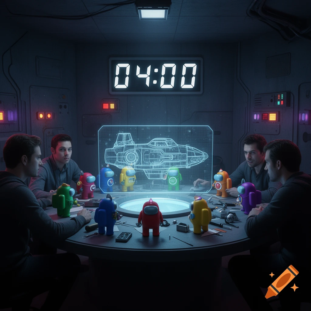 Men sit around a futuristic table with Among Us figurines, looking at a holographic spaceship blueprint and a digital clock showing 04:00.
