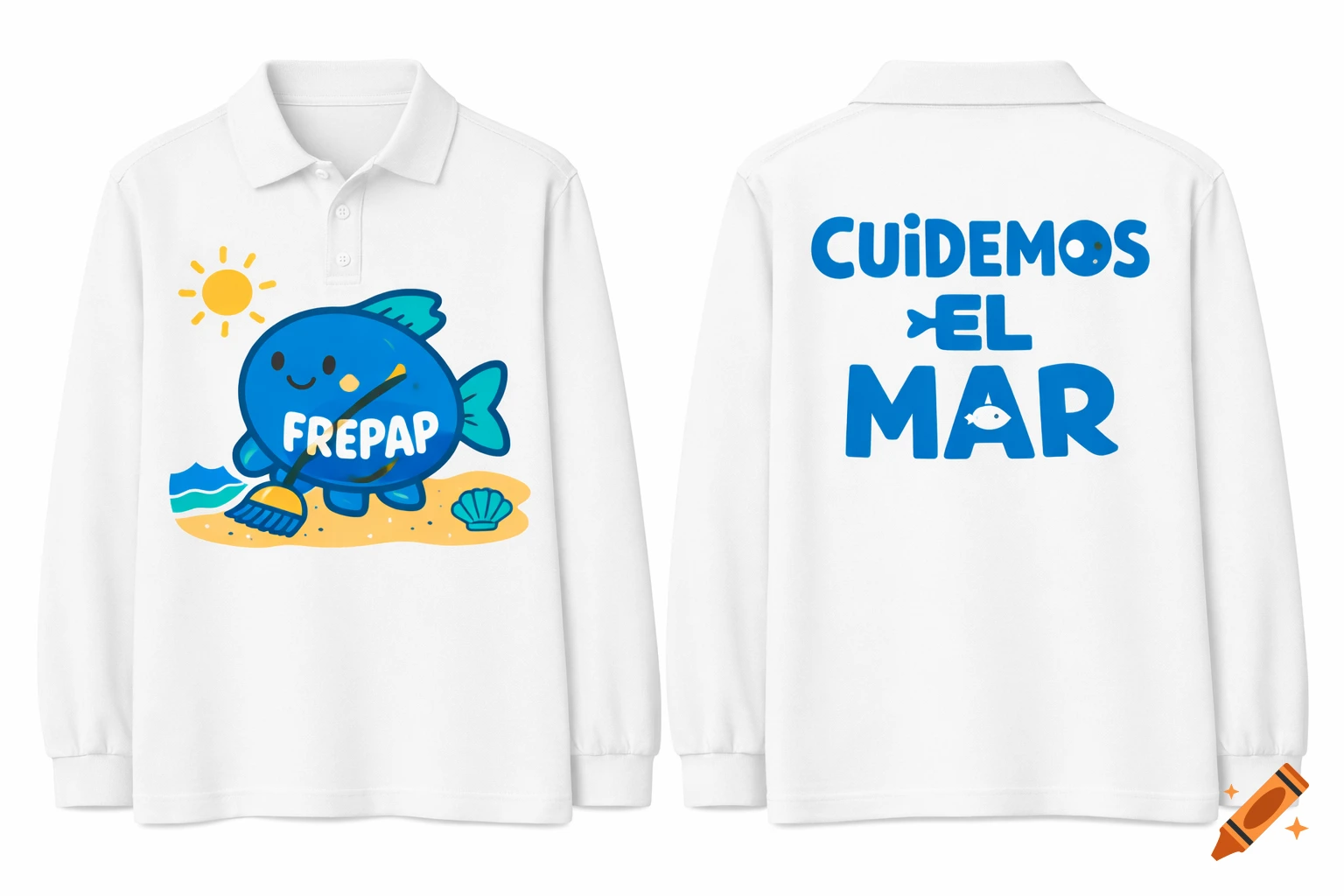 Front and back views of a white long-sleeve polo shirt. Front features a cartoon blue fish sweeping a beach with text "FREPAP". Back reads "CUIDEMOS EL MAR" in blue.