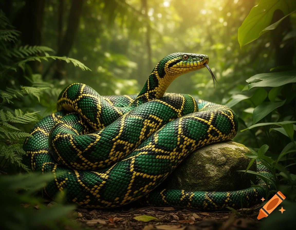 A green and yellow patterned snake coiled on a mossy rock in a sunlit jungle, flicking its tongue.