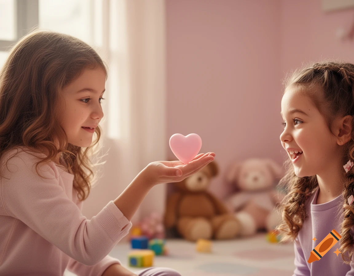 A young girl offers a pink heart to a smiling friend in a softly lit room with toys.