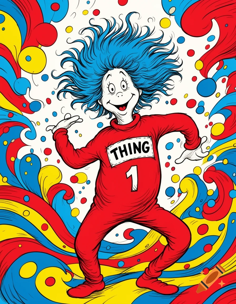Thing 1 from Dr. Seuss stands smiling with wild blue hair, surrounded by swirling red, yellow, and blue patterns and colorful dots.