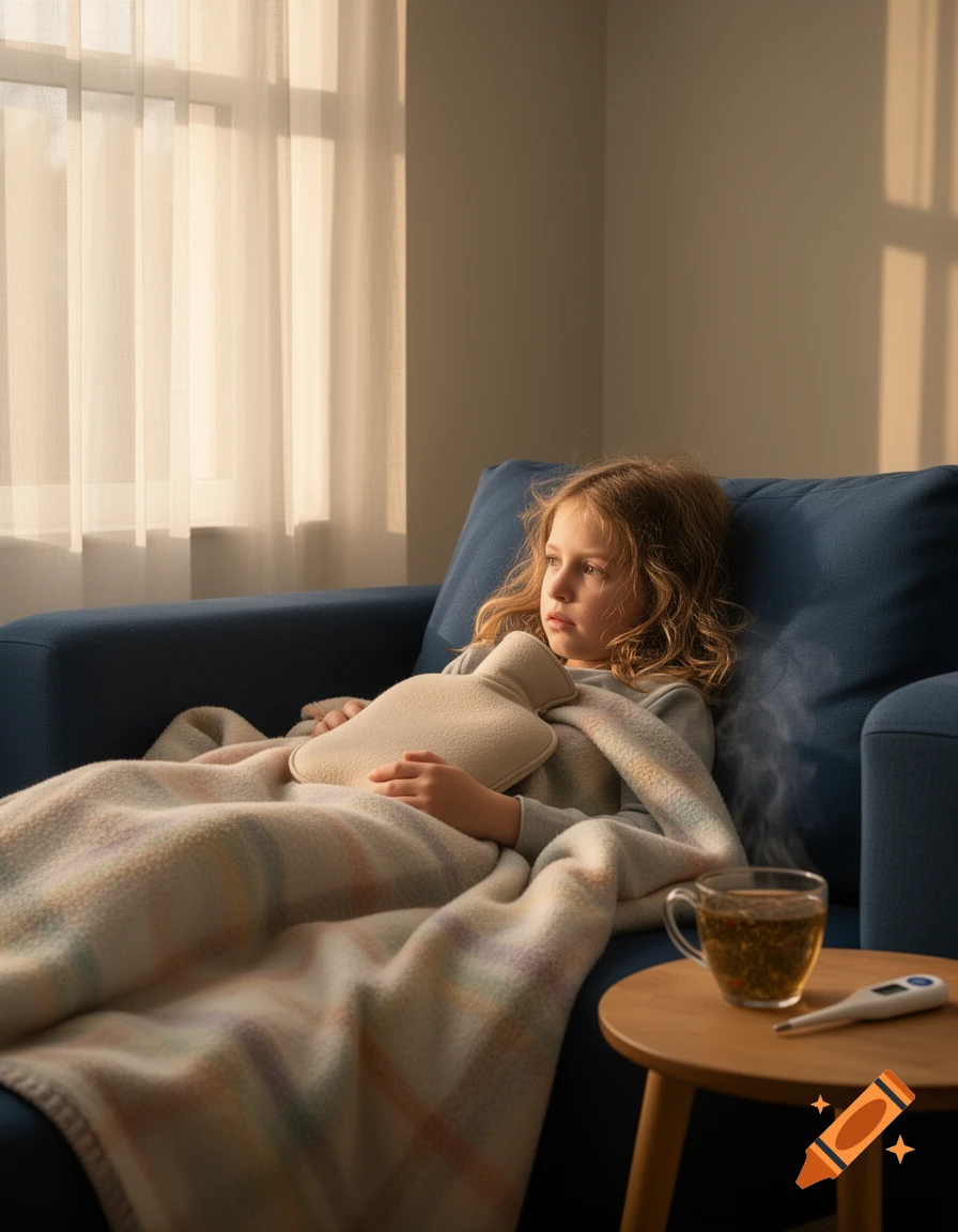 A sick young girl lies on a blue couch, wrapped in a blanket and holding a hot water bottle, with tea and a thermometer nearby.