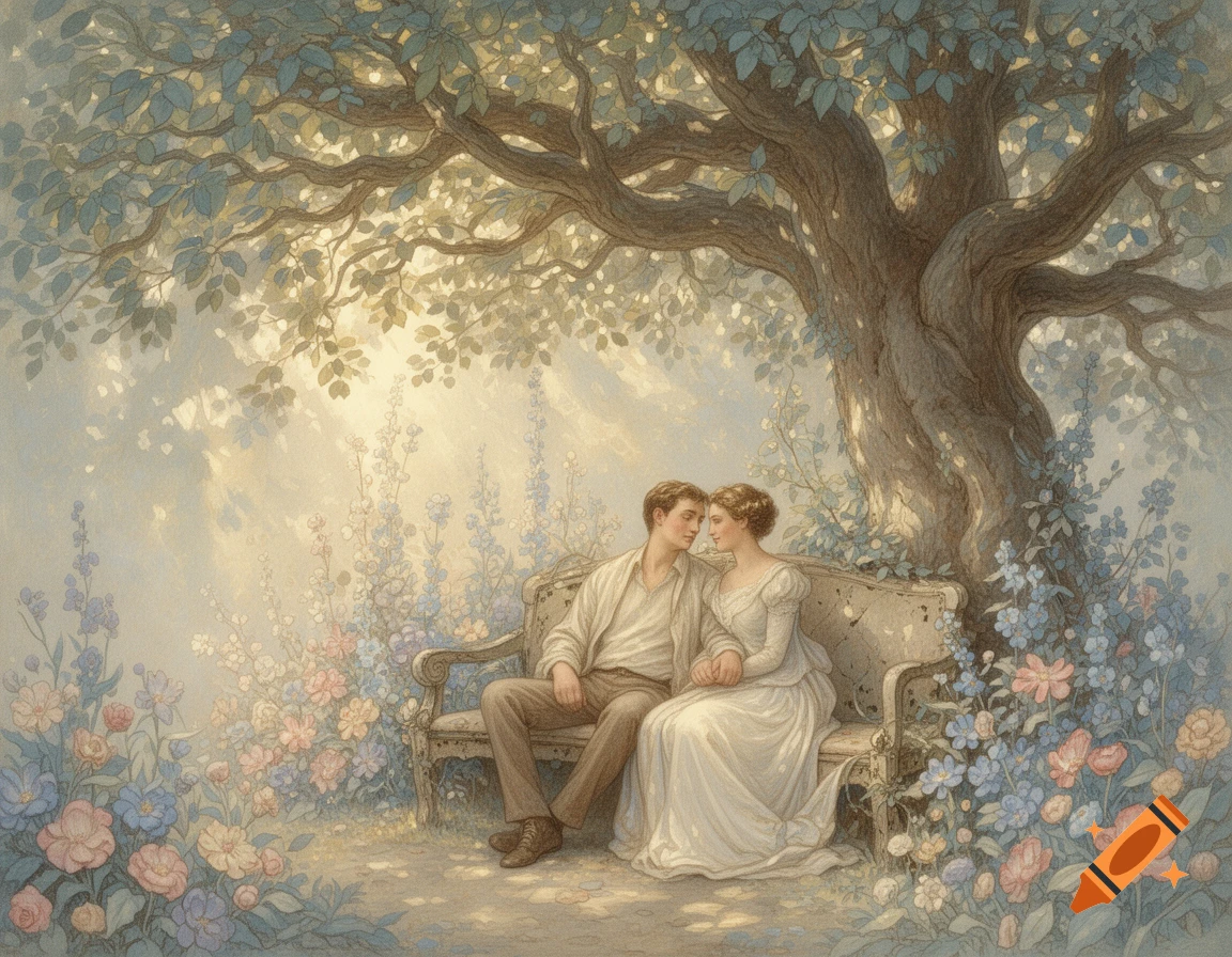 Painterly illustration of a couple sitting on a bench under a large tree, surrounded by flowers in a soft, dreamy garden.