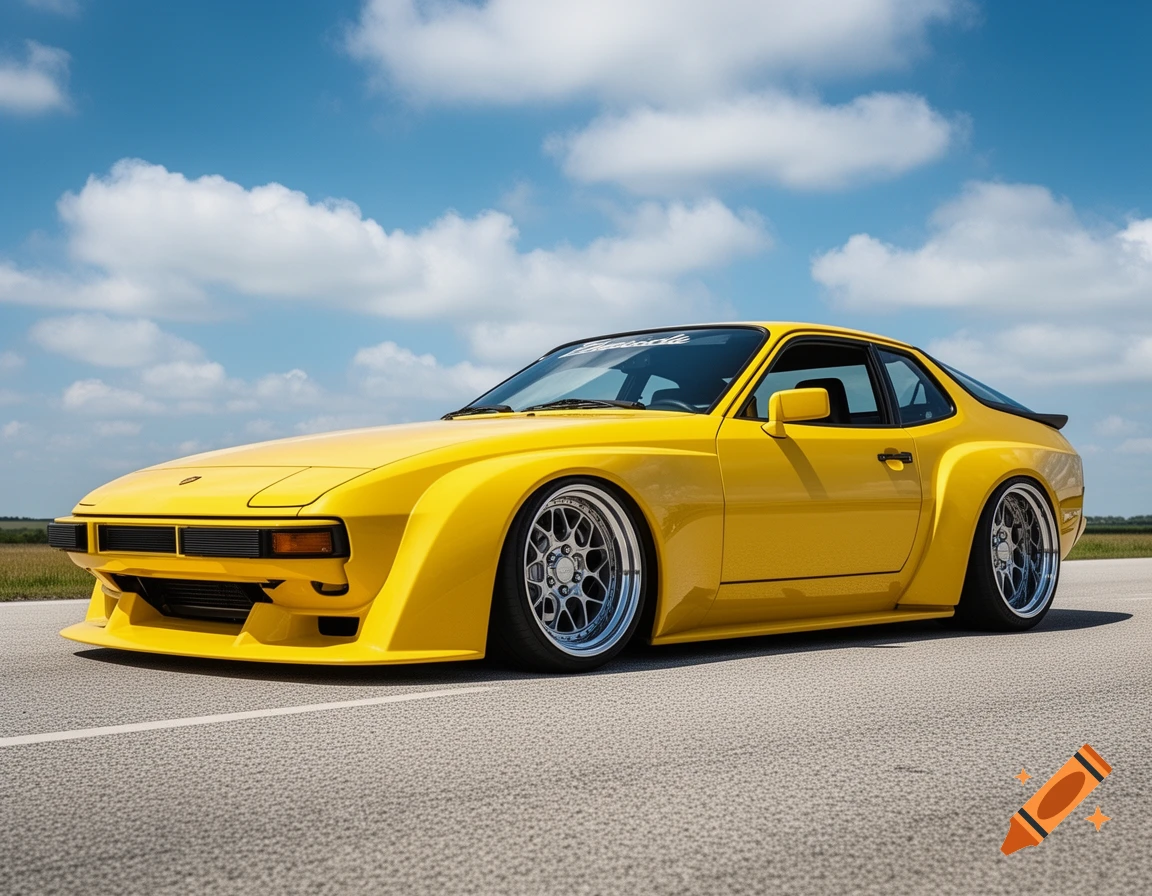 A bright yellow custom Porsche 924, modified in Chip Foose style, is parked on an asphalt road under a blue sky with white clouds.