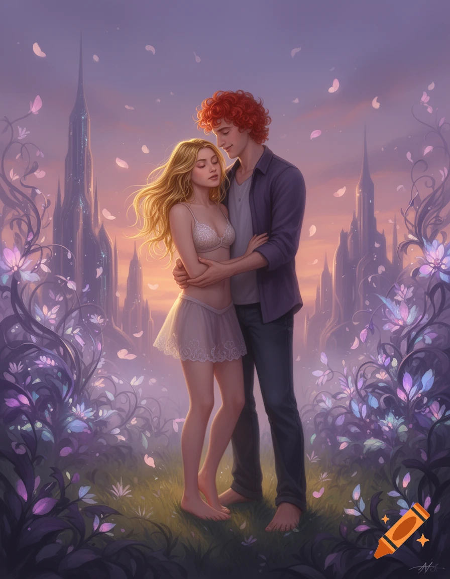 A fantasy illustration of a red-haired man embracing a blonde woman in a bra and skirt, standing barefoot in a field of glowing purple flowers under a twilight sky with ethereal castles in the background.