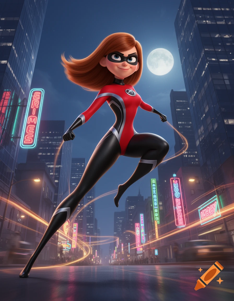 A cartoon superhero with red hair and a black and red suit flies through a futuristic city at night, under a full moon.