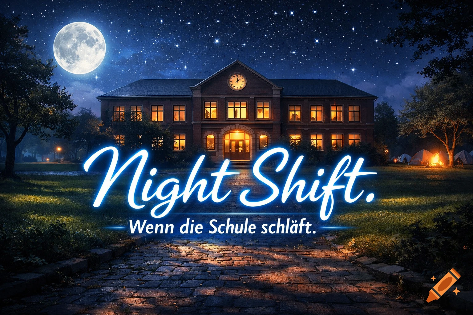 A school building at night under a full moon and starry sky, with glowing text 'Night Shift. Wenn die Schule schläft.', and tents with a campfire.