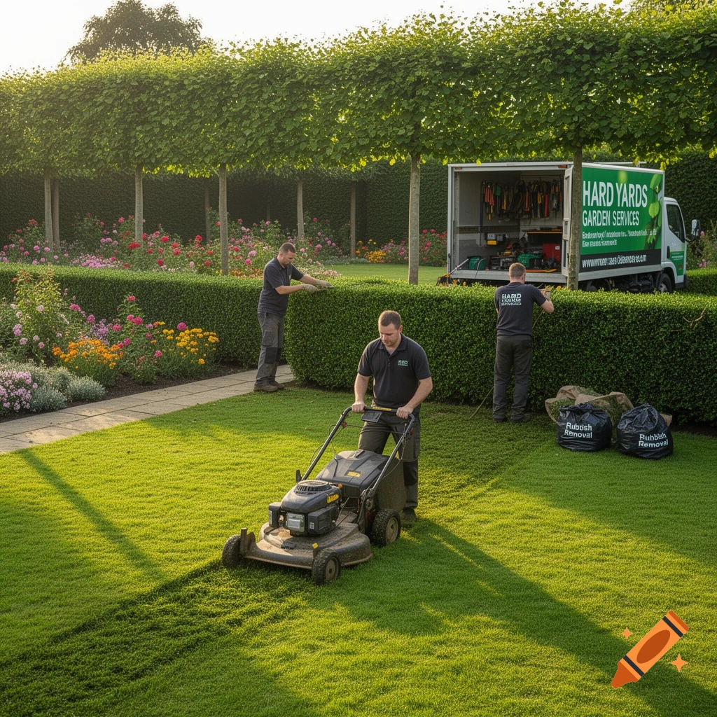 Three men perform garden services in a lush, manicured garden. One mows a lawn, another trims a hedge, near a green 'Hard Yards Garden Services' truck and rubbish bags.