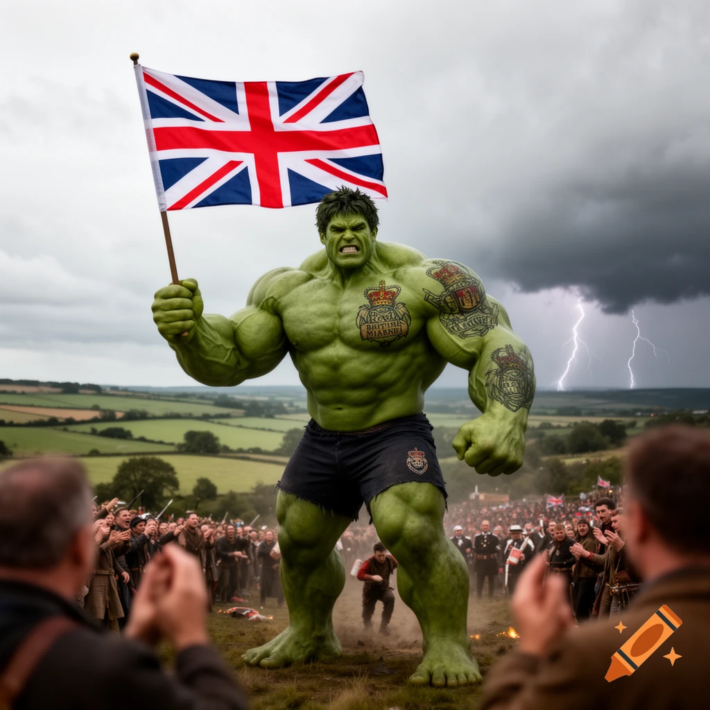 A giant green Hulk-like figure with tattoos holds a British flag amidst a cheering crowd under a stormy sky with lightning.