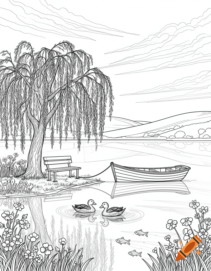 Black and white coloring book illustration of a tranquil lake scene ...