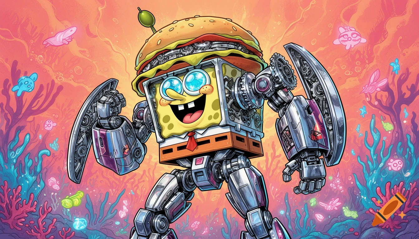 SpongeBob SquarePants depicted as a powerful robot with a Krabby Patty for a head, in a vibrant underwater cartoon style.