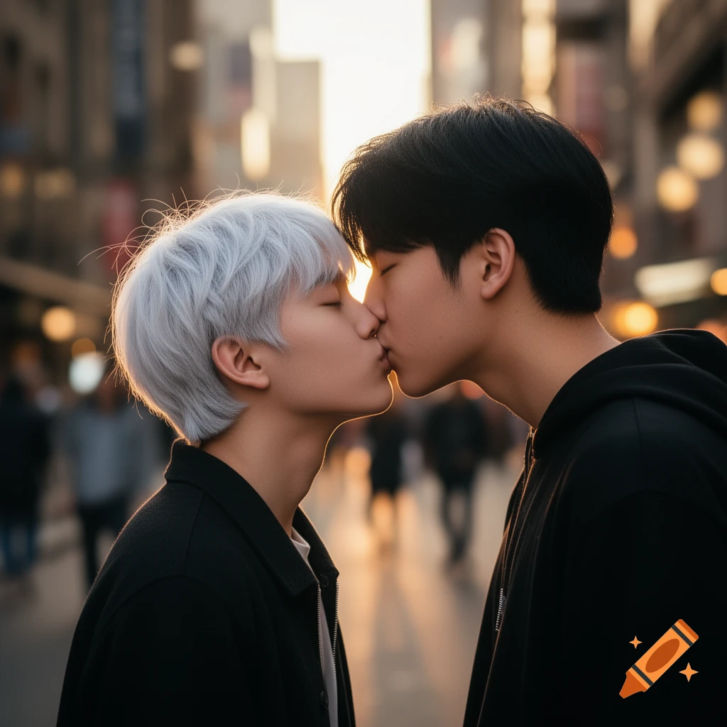 Two young men, one with white hair and one with black, kiss on a city street bathed in warm sunset light, photorealistic.