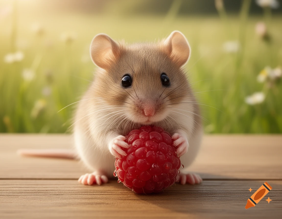 A small, fluffy mouse with big black eyes holds a bright red raspberry on a wooden surface, set against a blurry green background.