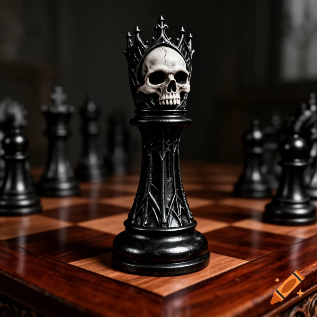A black gothic king chess piece with a skull head and a crown, standing on a wooden chessboard.