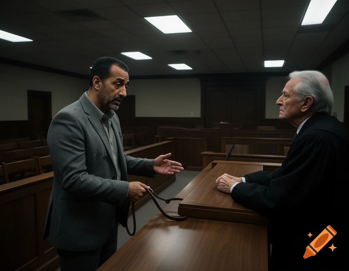 A man in a suit holding a leash stands and speaks to a seated judge in a dimly lit courtroom.
