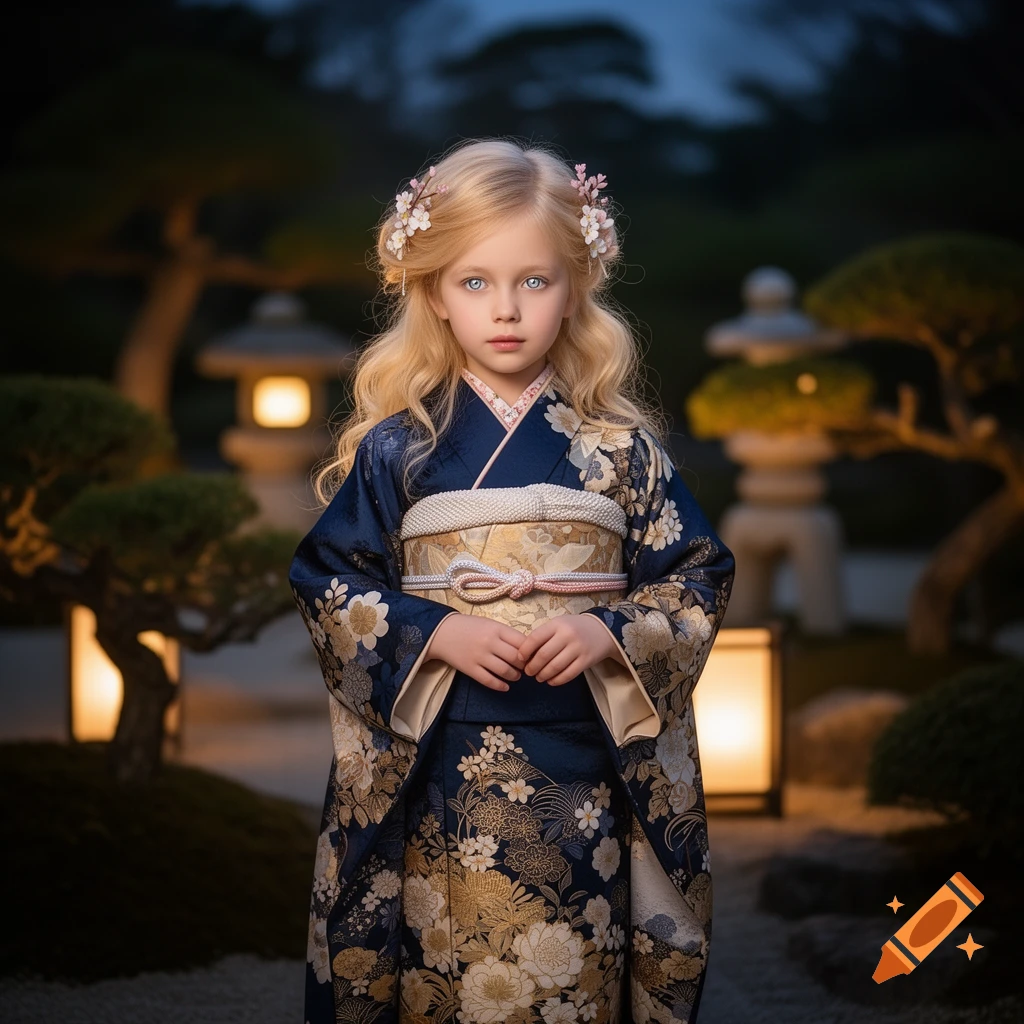 A blonde girl with striking silver-blue eyes wears a blue and gold floral kimono, standing in a serene Japanese garden at dusk.