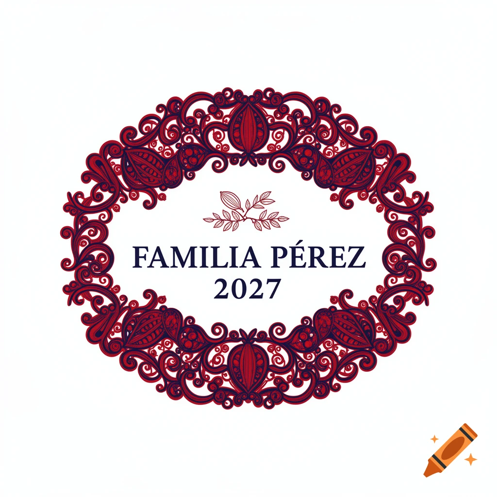 Ornate red and dark blue decorative oval logo with "FAMILIA PÉREZ 2027" and a small leafy branch in the center.