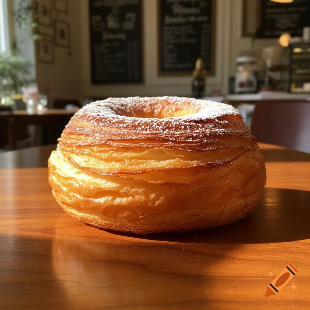A close-up of a golden, flaky cronut dusted with powdered sugar on a warm wooden table in a sunlit cafe.