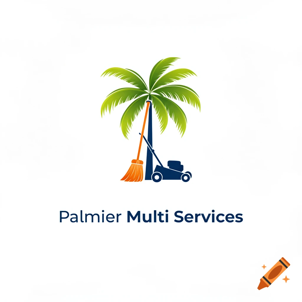 A clean vector logo for Palmier Multi Services featuring a palm tree with a broom and lawnmower.