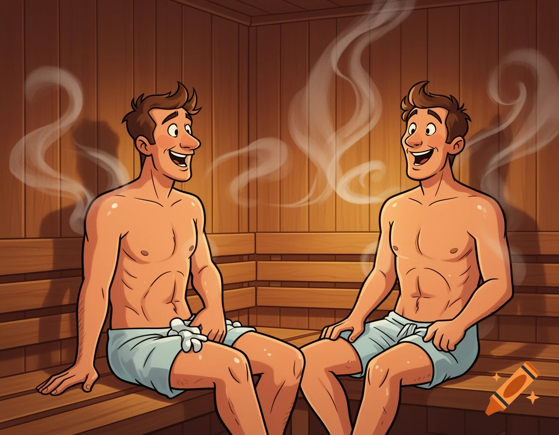 Two cartoon men in towels chatting in a wooden sauna with steam.