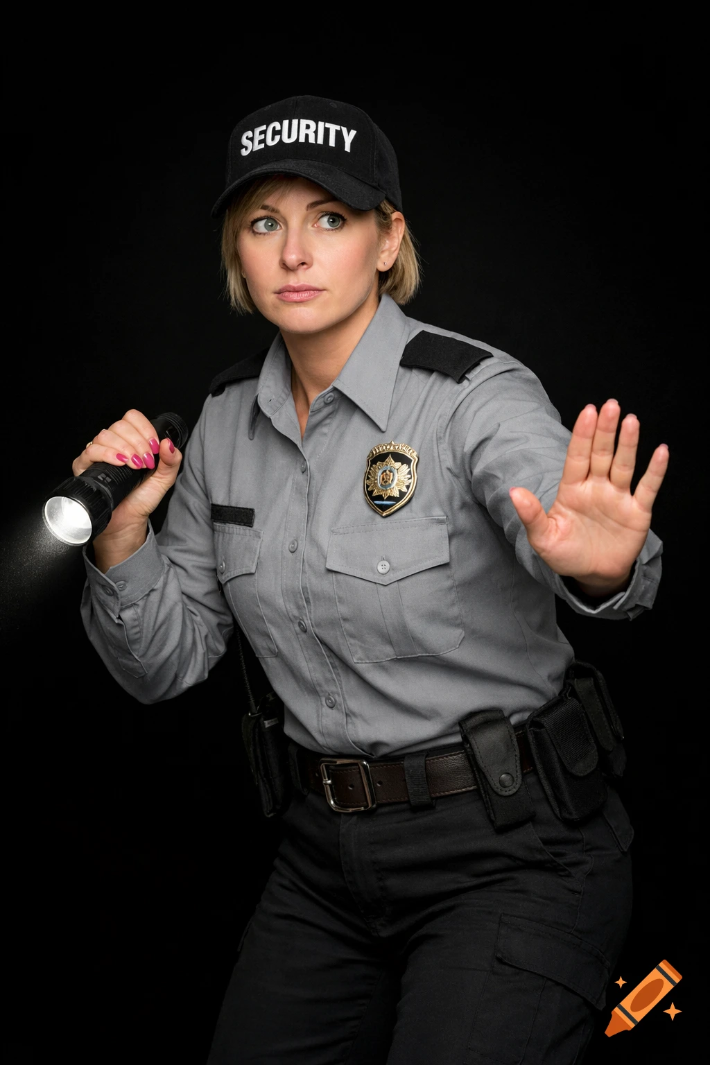A female security guard with a flashlight and her hand raised, wearing a uniform and a 'SECURITY' cap, against a black background.