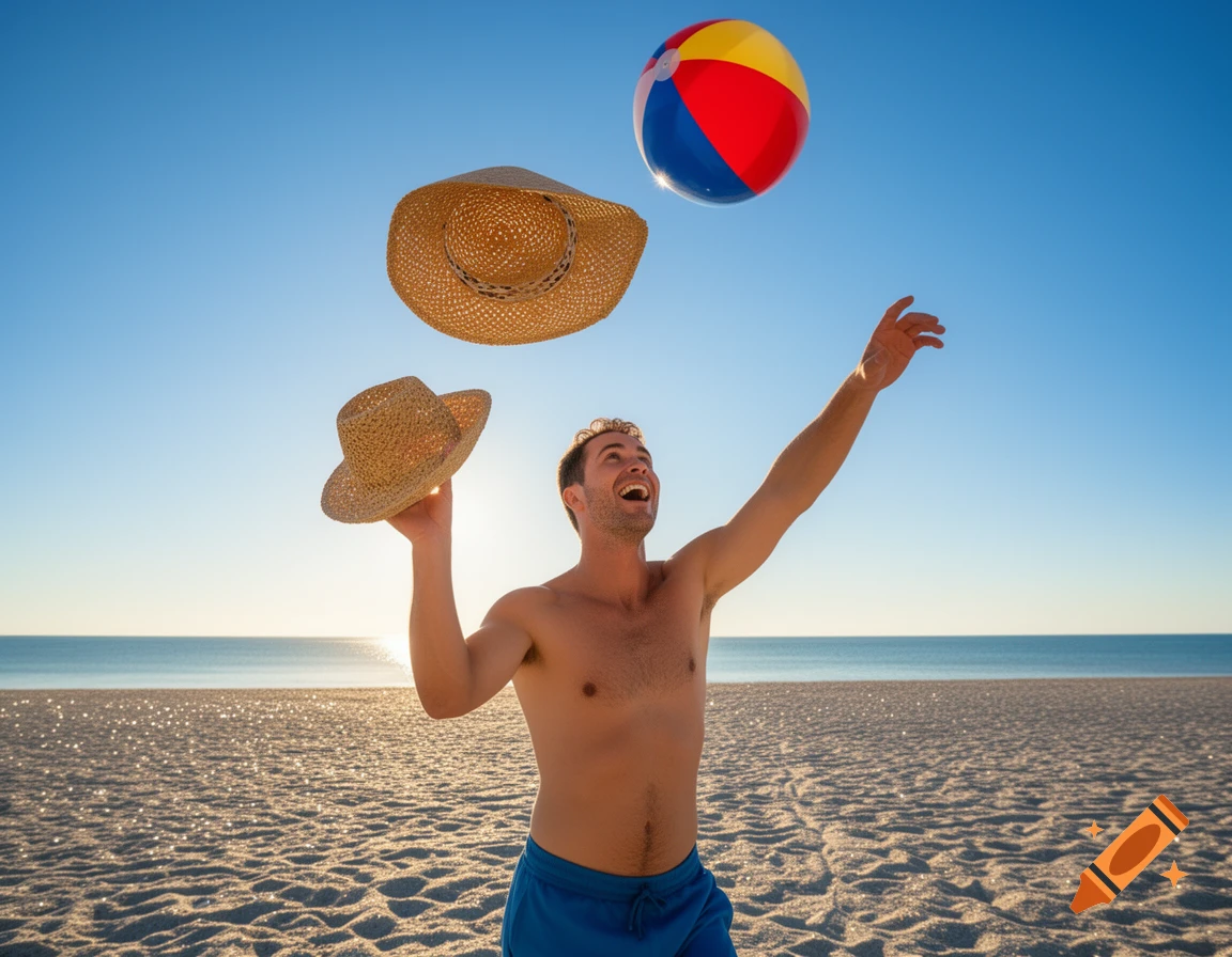 A smiling man in blue shorts throws straw hats and a beach ball into the air on a sunny beach.