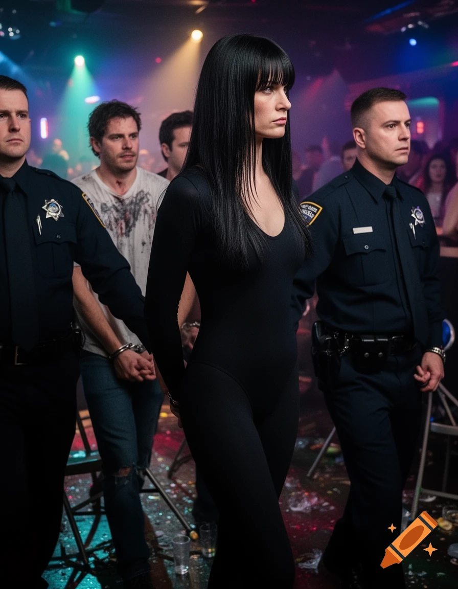 A stern woman in a black leotard is led through a messy nightclub by police with handcuffed men behind her.