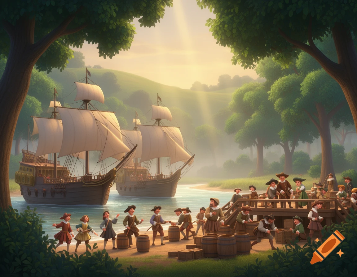 Pixar-style cartoon of settlers unloading barrels from large sailing ships onto a wooden dock and shore, surrounded by trees and hills.