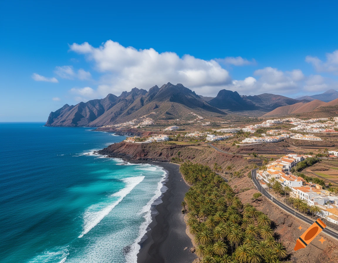 Aerial view of a coastal town with white buildings, a black sand beach, turquoise ocean waves, palm trees, and rugged mountains under a blue sky.