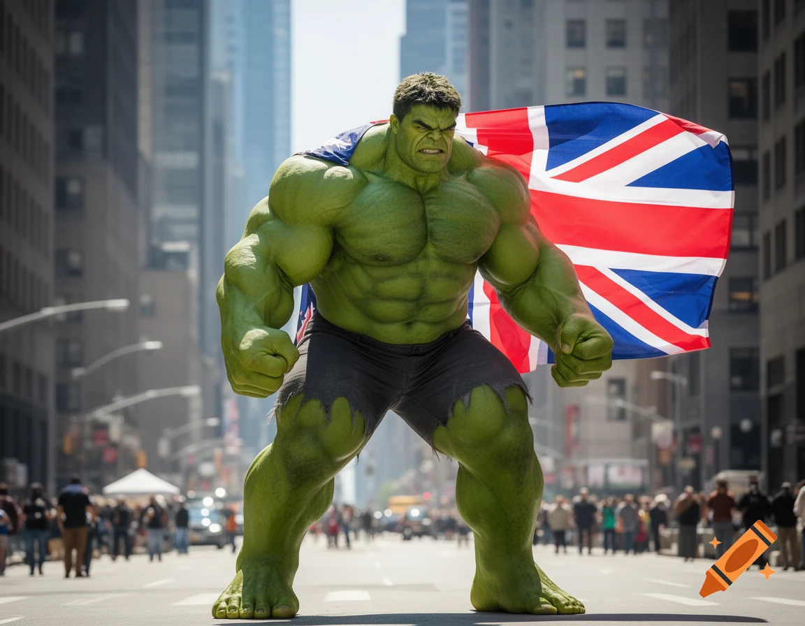 Photorealistic Incredible Hulk with huge muscles, powerfully standing in a city street with a British flag draped over his shoulders.