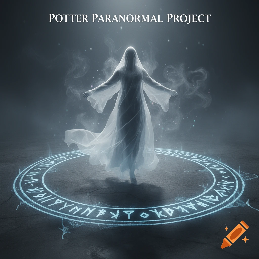 Ethereal ghost figure in a glowing runic circle on dark ground, with 'POTTER PARANORMAL PROJECT' text above. Dark fantasy style.