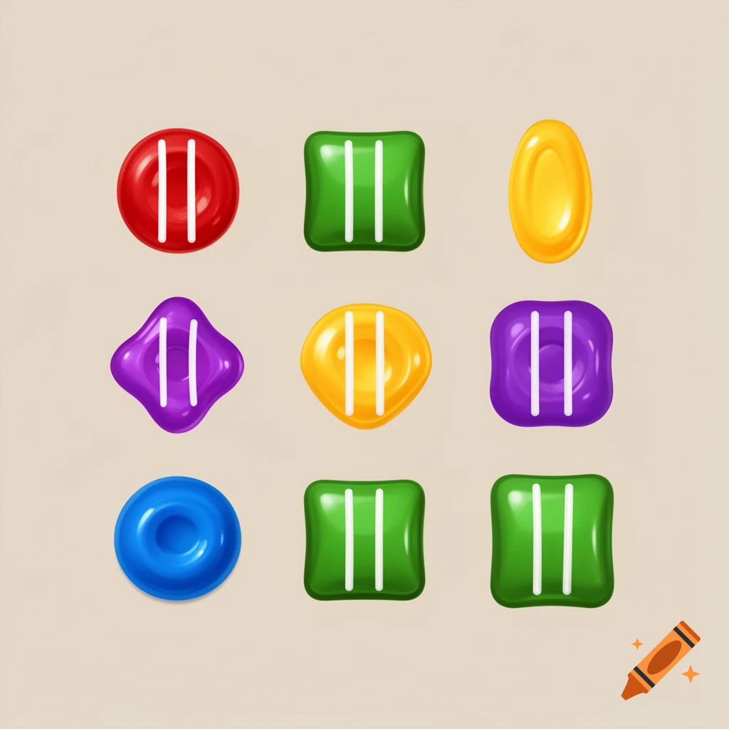 Nine colorful candies, including red, green, yellow, purple, and blue, some featuring two vertical white lines, arranged on a light background.