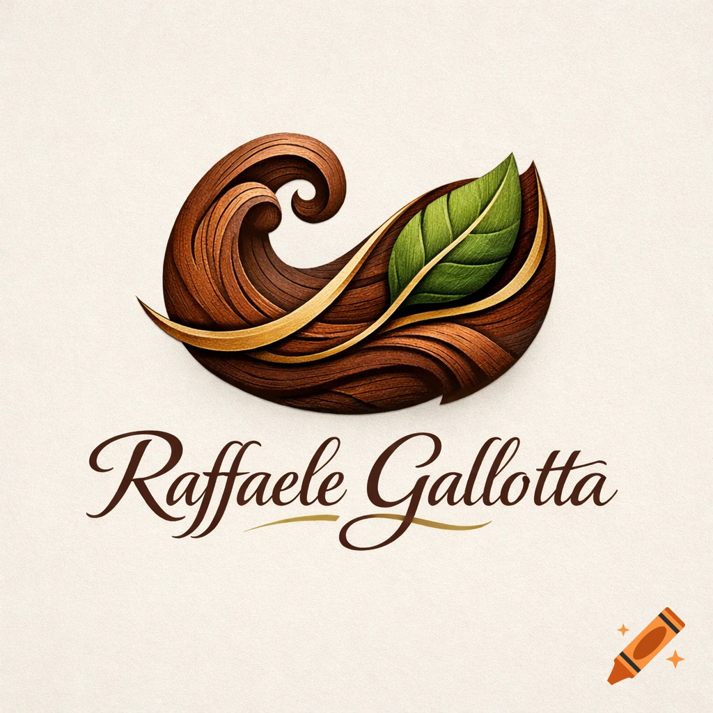 Logo with a brown wooden swirl, a gold stripe, and a green leaf, above the name 'Raffaele Gallotta' in script.