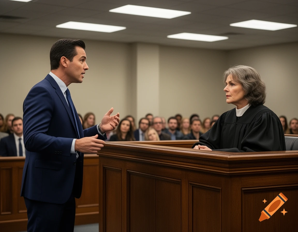 A photorealistic image of a man in a suit speaking and gesturing towards a judge in a black robe within a courtroom, with spectators behind them.