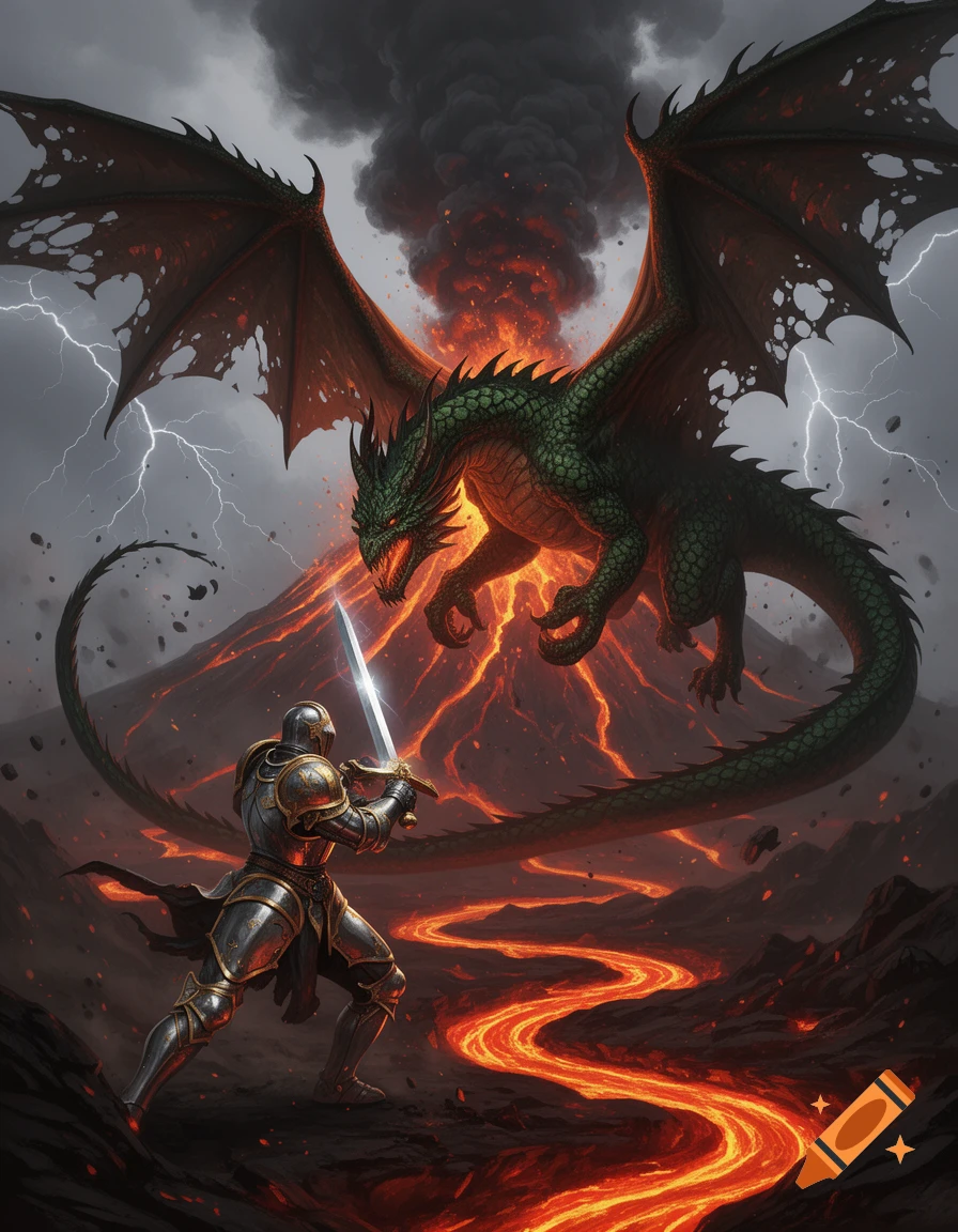 A knight battles a green dragon over a fiery volcanic landscape with lava flowing and lightning striking.