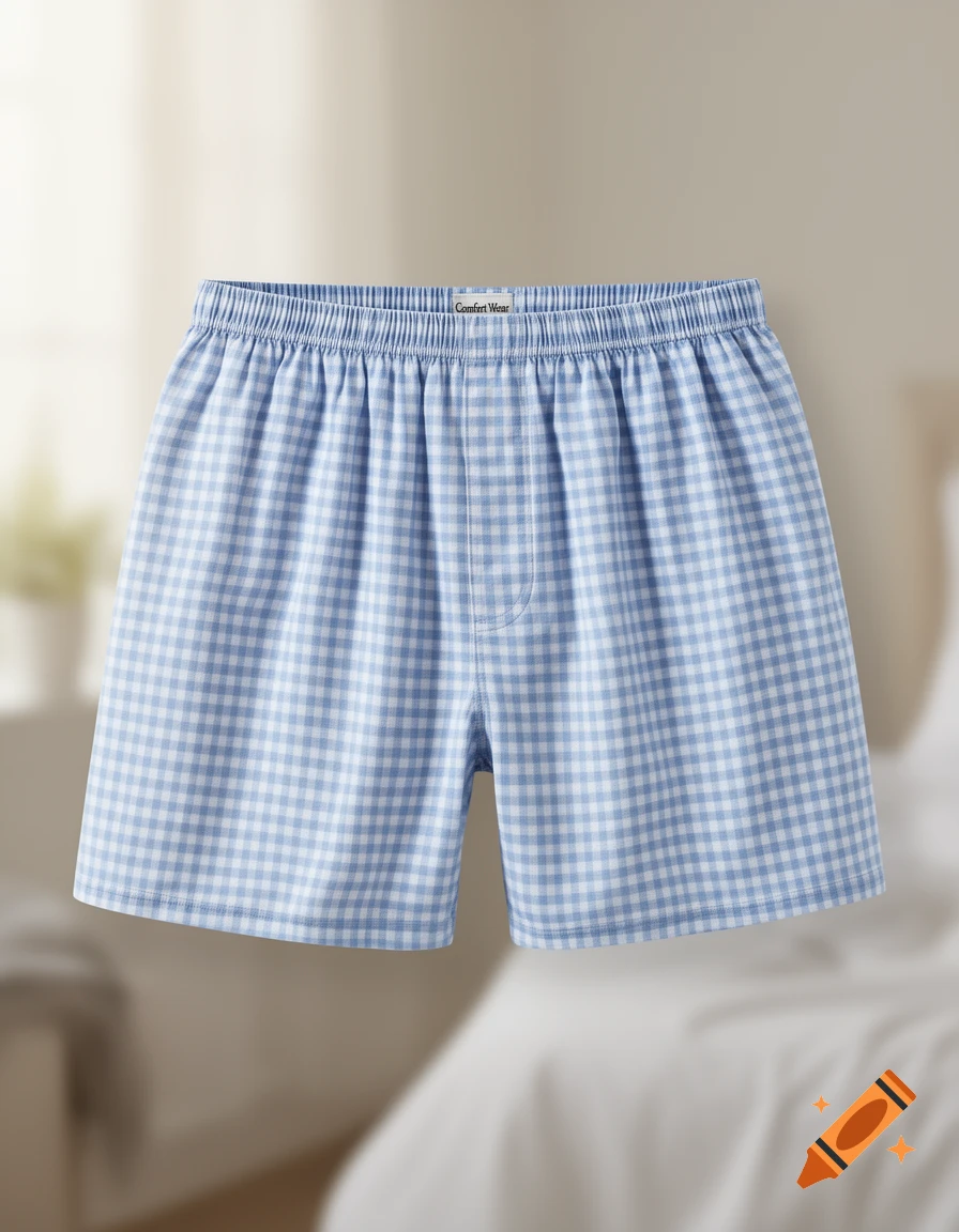 A pair of light blue and white gingham check boxer shorts with a white 'Comfort Wear' label on the waistband, against a blurred light background.