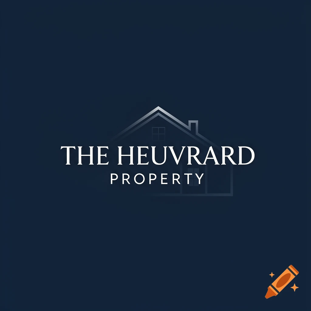 Logo for The Heuvrard Property, featuring a white outline of a house above the company name on a dark blue background.