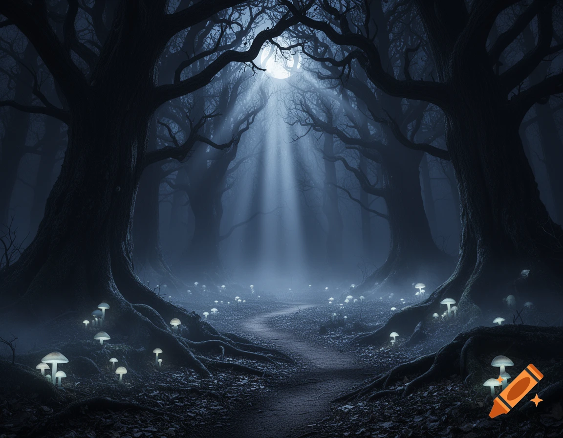 Dark fantasy scene of a mysterious forest at night with tall trees ...