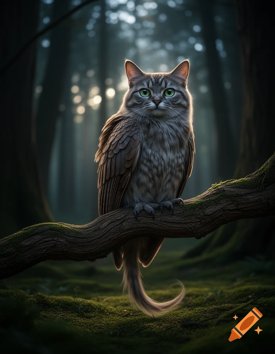 A majestic cat-owl hybrid with green eyes sits on a mossy branch in a dimly lit forest, with sun rays piercing through the trees.