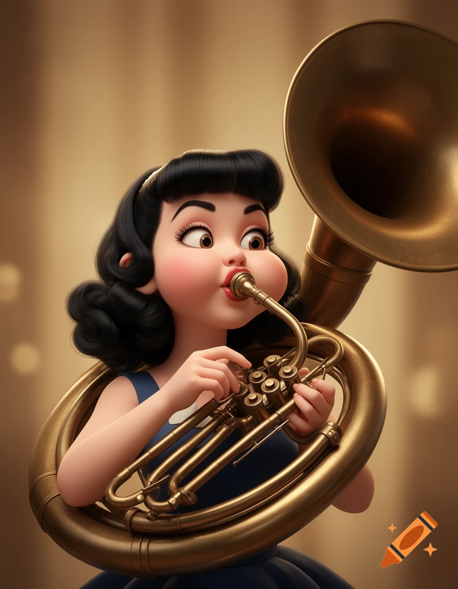 A stylized 3D cartoon character with puffy cheeks plays a brass sousaphone against a warm background.