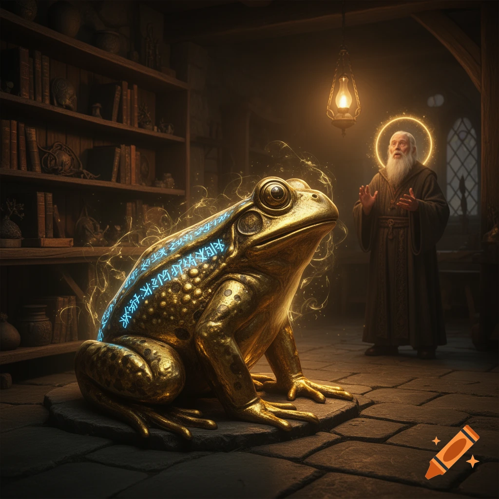 A glowing golden frog statue with blue runes sits before an old wizard with a halo in a dark, ancient library.